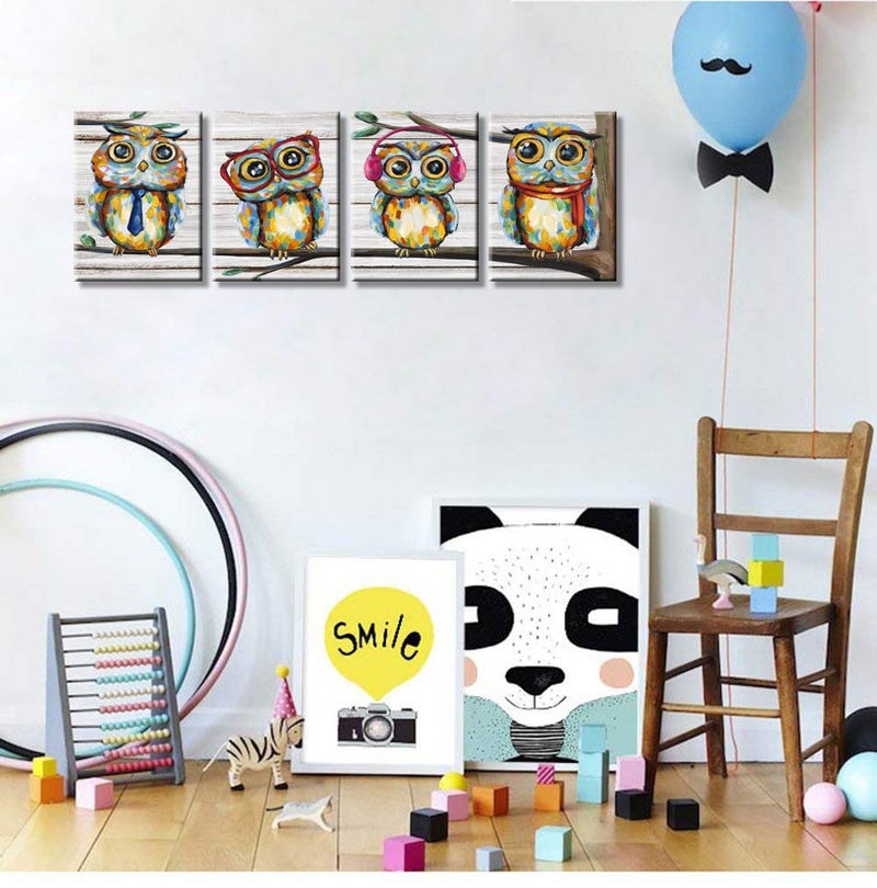 Visual Art Decor 4 Pieces Happy Owl Family Canvas Prints Animal Painting Wall Decor Dad Mom and Kids Canvas Prints Wall Art Decor for Modern Home Child Bedroom Nursery Decoration 12x16inchx4Pieces - Image 2